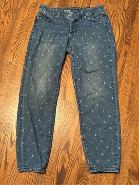 Talbots Flawless Five-Pocket Slim Ankle Jeans Nautical Anchor Print Size 2